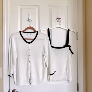 Worthington, Off-White and Black 3/4 sleeve twin set with decorative trim Bows.